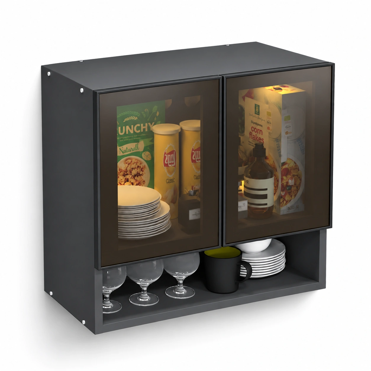 SP-2DW-KS-BPBROWNTG-HALF15-0 2 Door Aluminium Black Profile With Brown Tinted Glass Wall Cabinet With Open Shelves In Slate Grey Finish (Free Installation) - Image 1