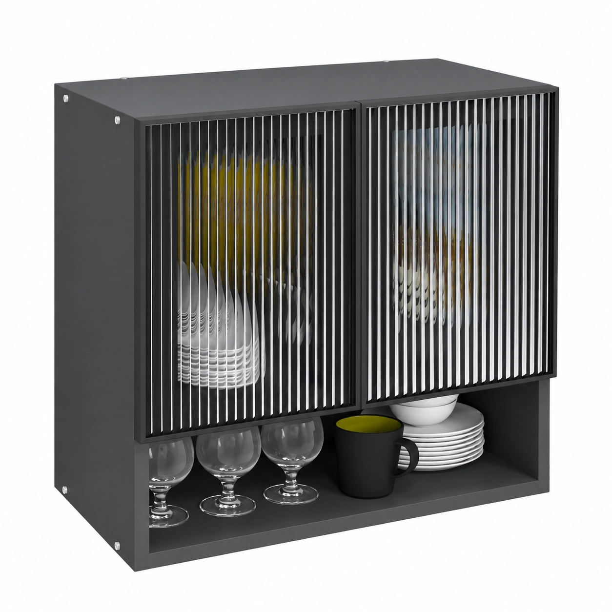 SP-2DW-KS-BPFLUTEDPG-HALF15-1 2 Door Aluminium Black Profile With Fluted Glass Wall Cabinet With Open Shelves In Highland Pine Finish (Free Installation) - Image 1