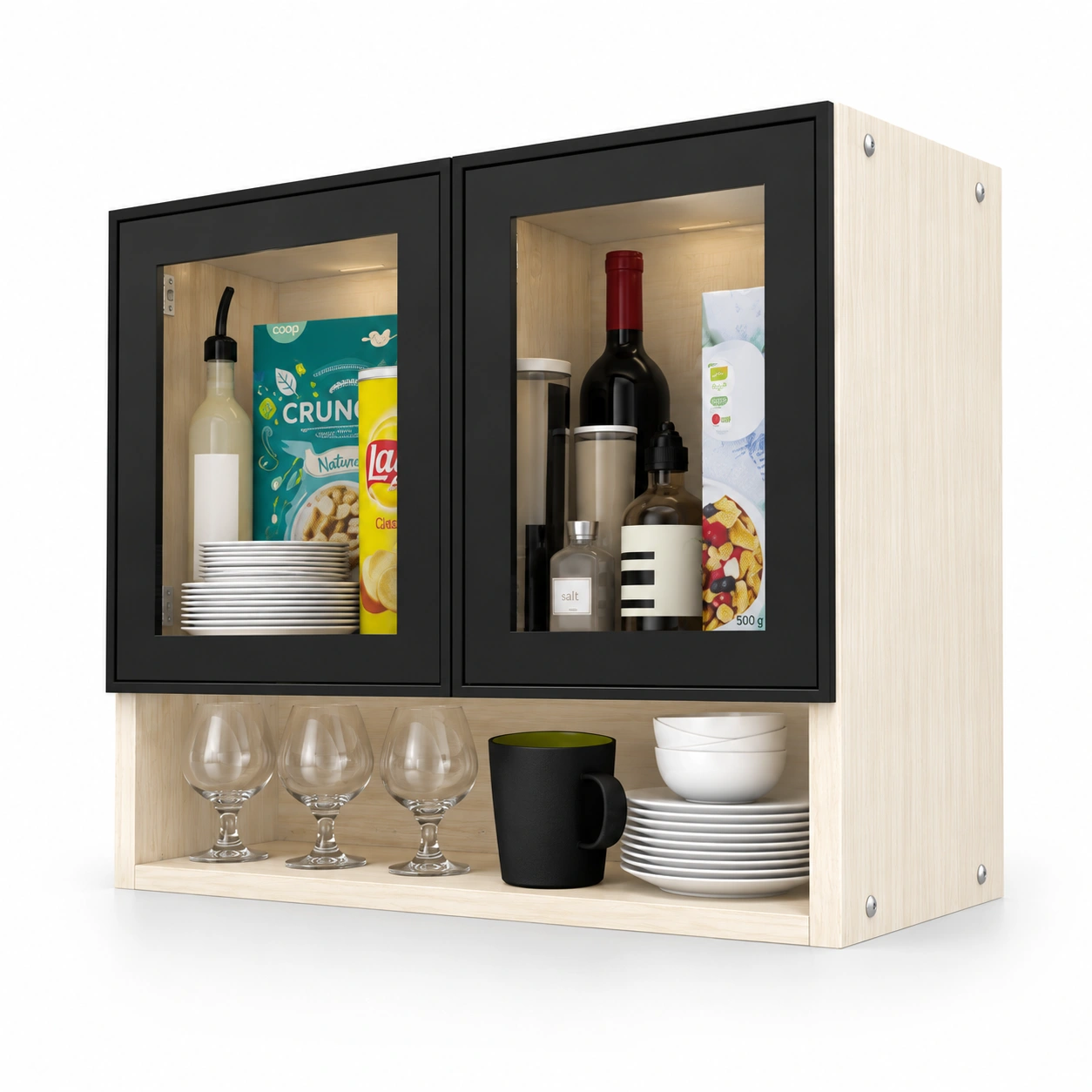 SP-2DW-KS-BPGTG-HALF14-7 2 Door Aluminium Black Profile With Grey Tinted Glass Wall Cabinet With Open Shelves In Highland Pine Finish (Free Installation) - Image 1
